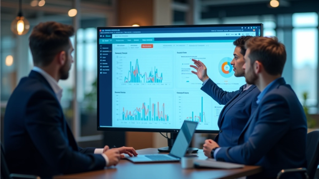 Analytics dashboard displaying model performance metrics and monitoring charts, team reviewing results on large display screen, modern office