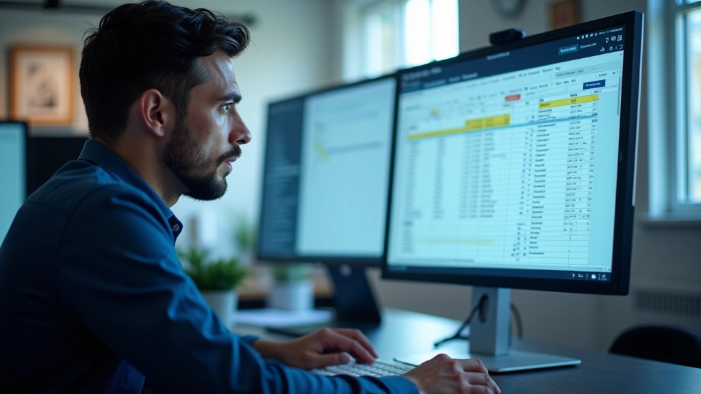 Data scientist reviewing structured dataset on computer screen, spreadsheet-style interface with organized information, modern tech workspace, natural lighting, crisp detail