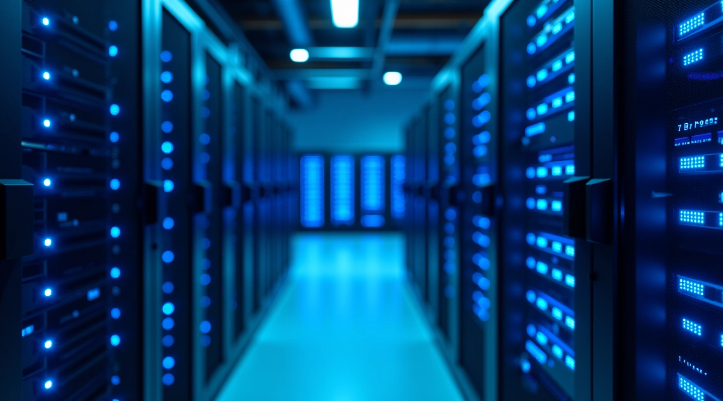 Modern data center with AI infrastructure, servers with blue LED lighting, professional tech environment, sharp focus, no people
