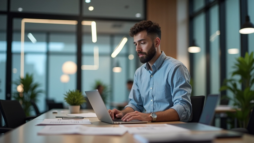 Professional working at modern desk with laptop and technical documentation, focused workspace, natural lighting, sharp focus